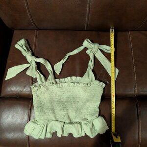 Fashion Nova Smocked Light Green Ruffle Tie Shoulder Crop Tank Top. Size M.